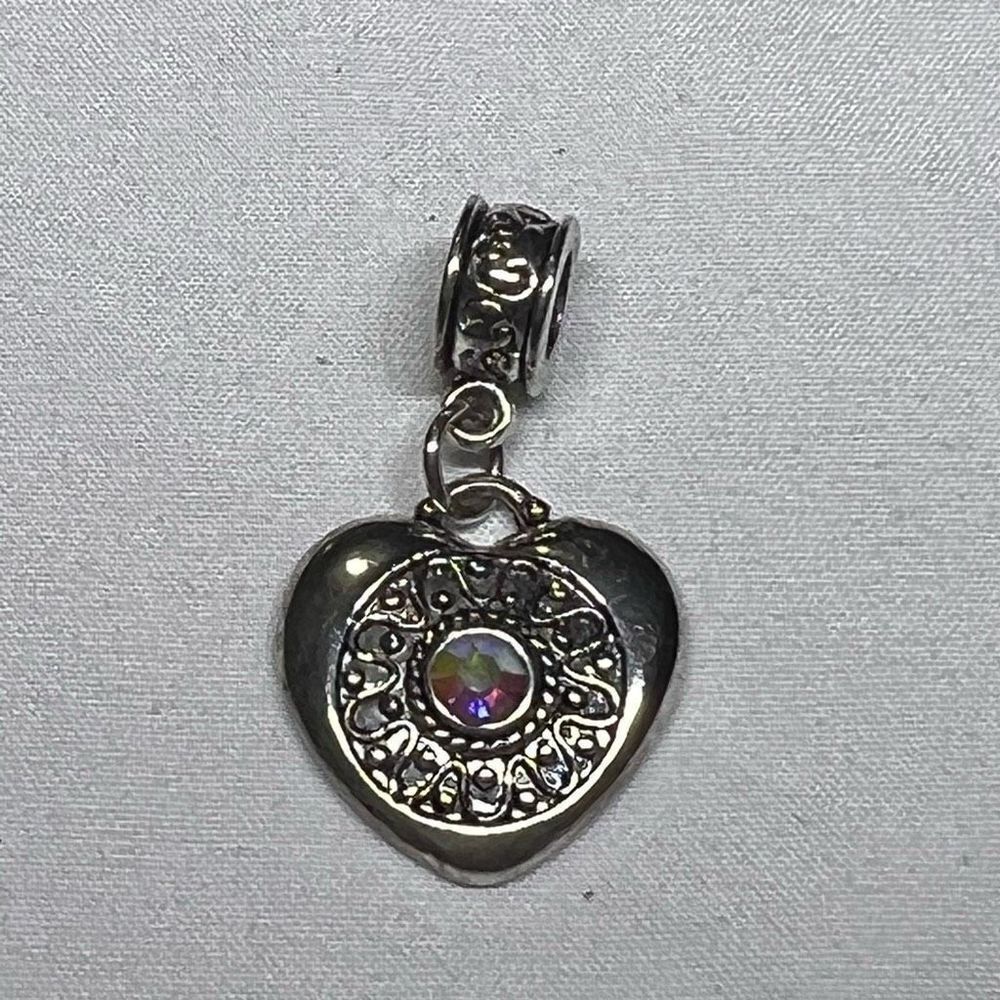 Silver Tone Heart Charm With Aurora Borealis Crystal‎